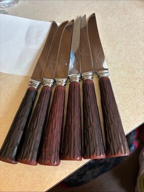 Vintage Steak Knives with Dark Red Brown Textured Handles - Set of 6